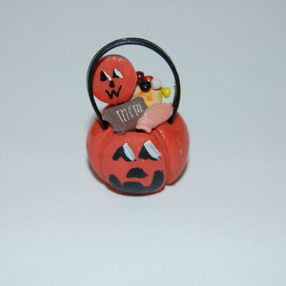 Vintage Miniature Halloween Pumpkin Jack O Lantern Candy Pail With M&M - Signed - Picture 1 of 5